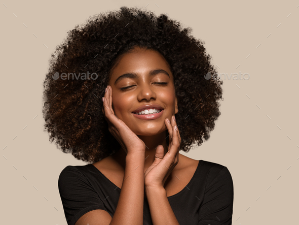 Beautiful African Woman Black T Shirt Portrait Afro Haircut Touching