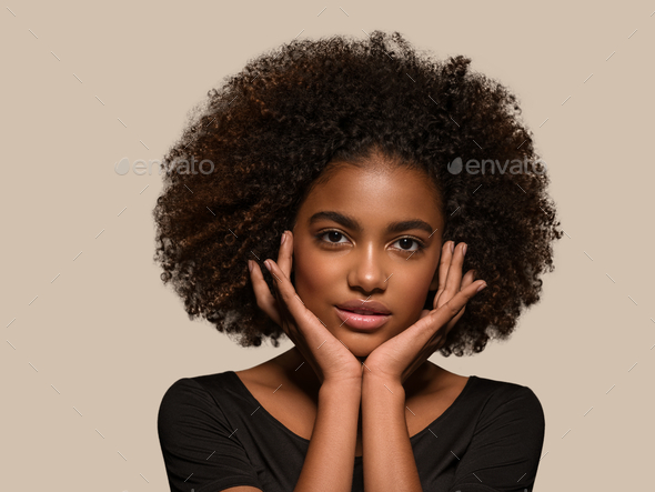 Beautiful African Woman Black T Shirt Portrait Afro Haircut Touching