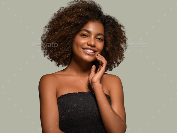 Beautiful African Woman Black T Shirt Portrait Afro Haircut Touching