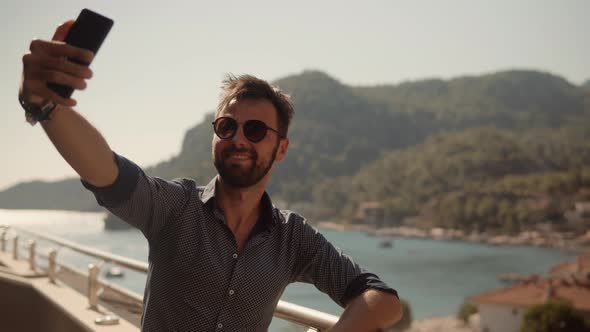 Selfie On Mobile Phone In Beautiful Place In Turkey Trip. Man Taking Self Photo And Video Call. alt
