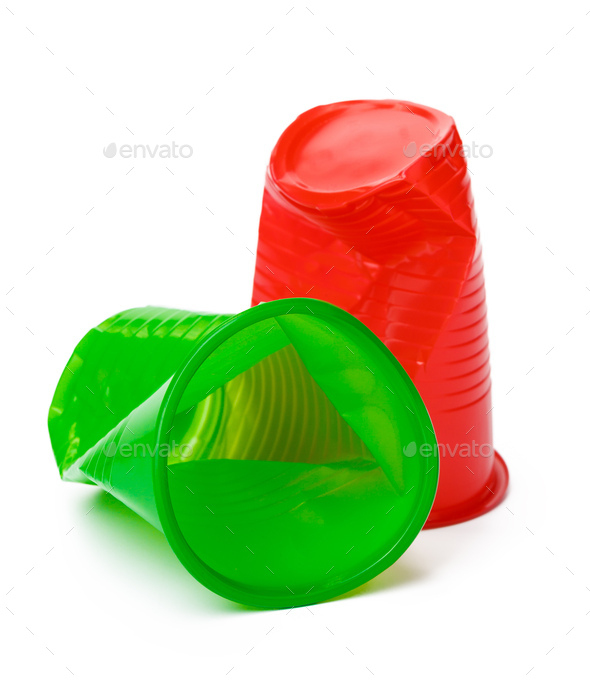 Recyclable crushed plastic cup isolated on white background