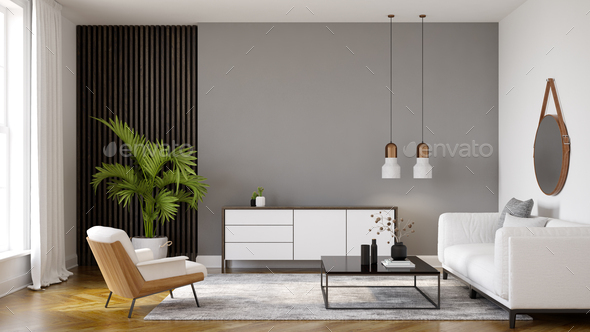 Minimalist Interior of modern living room 3D rendering - Stock Photo - Images