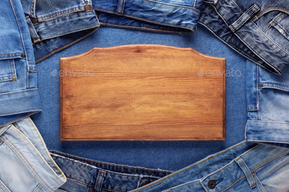 Blue jeans denim and sign wood name plate. Jeans with wooden nameplate  background texture Stock Photo by seregam