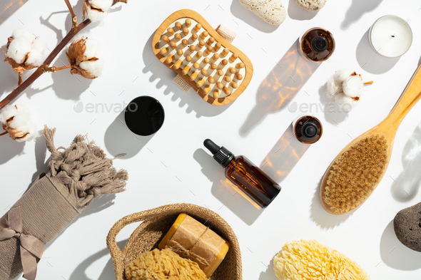 Natural organic skin care products on white background, flat lay Stock  Photo by klenova