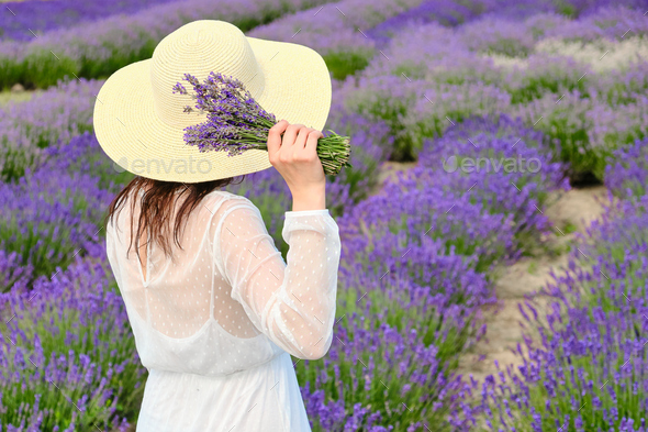 Young woman in a white dress and hat raised her hands with bouquet of lavender above a head in a