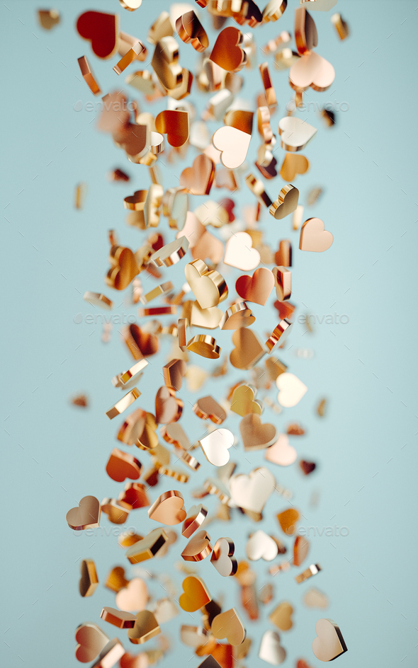 The Flow of golden hearts on blue background. Beautiful abstract background.