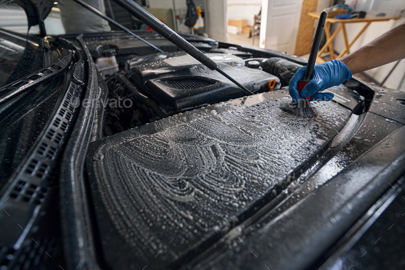 Car Washing Close-up. Engine Washing Stock Photo - Image of