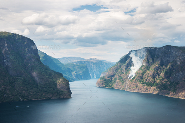 majestic view of sea and Aurlandsfjord from Stegastein viewpoint, Aurland, Norway - Stock Photo - Images