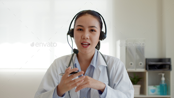 POV screen of young asia people or female doctor live speak talk look at camera