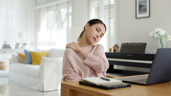 Asia female feel tired overworked negative impact health life stretching