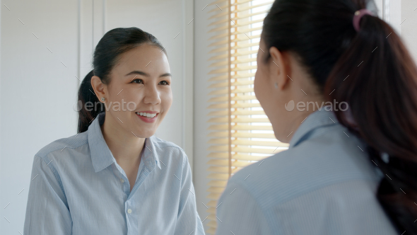 Young adult female asia people self love cheer up pep talk before job interview