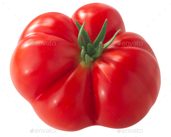 Reisetomate  heirloom ribbed tomato (Solanum lycopersicum fruit) isolated - Stock Photo - Images