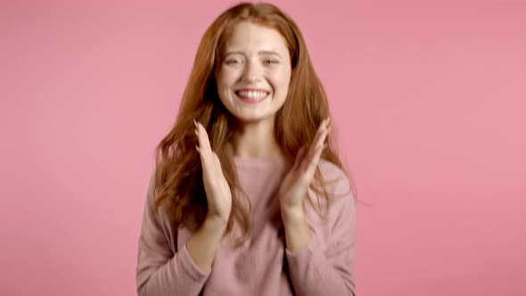 Applauding Girl Is Very Glad and Happy, She Claps Hands Because of Excellent News. Surprised Excited alt