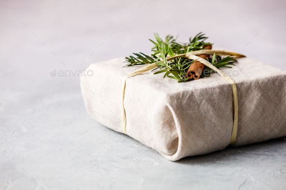 Fabric wrapped gift - Stock Photo - Images