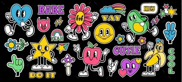 Retro Cartoon Stickers with Funny Comic Characters