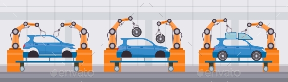 Industry Robot Arm Assemble Cars on Conveyor Belt