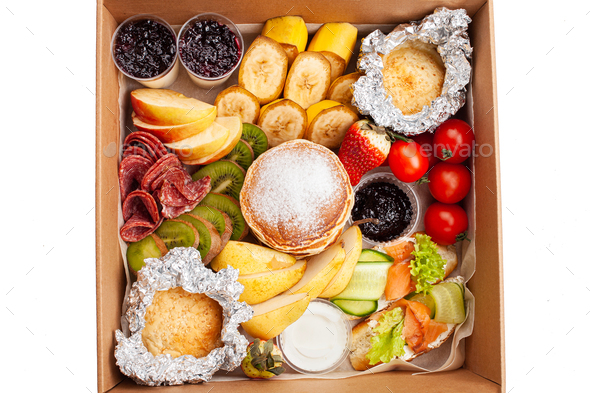 Gastronomic box, food, home delivery of ready meals. Food for holiday, dinner, corporate. Catering