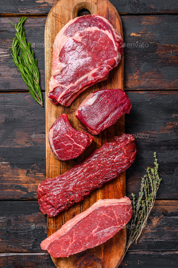 raw beef steaks Tenderloin fillet mignon, ribeye, Striploin or new york