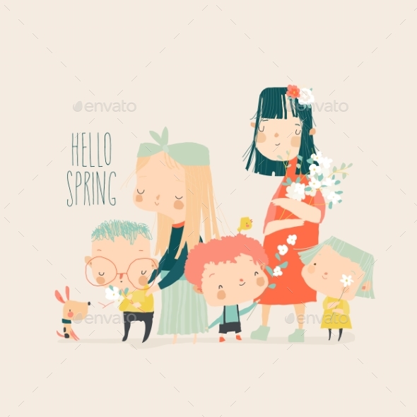 Cute Cartoon Group of Children Holding Spring