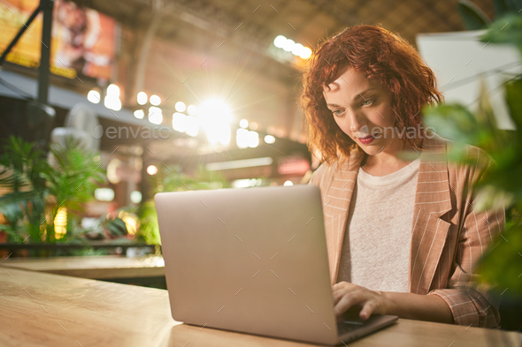 Cheerful young woman working on laptop in cafe - Stock Photo - Images