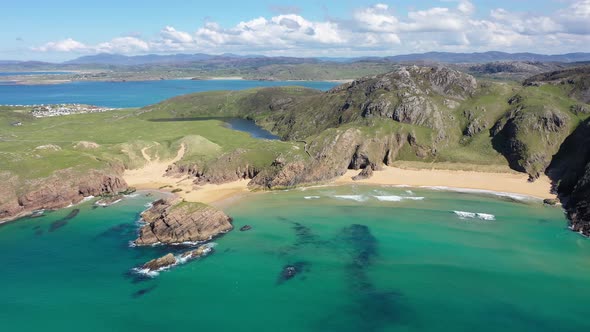 Aerial View of the Murder Hole Beach Officially Called Boyeeghether Bay in County Donegal Ireland alt