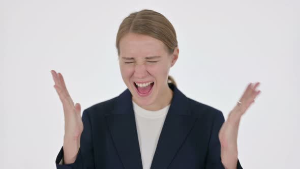 Young Businesswoman Shouting Screaming on White Background alt