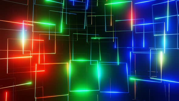 Abstract Animated Glowing Neon Colored Squares Move on Black Background