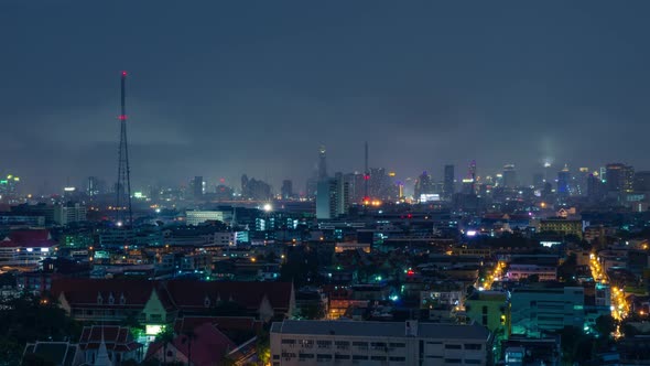 Scenery of Bangkok city on rainy and lightning stormy night.