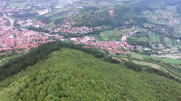 Aerial view of Bosnian pyramids with Visoko village in the valley alt