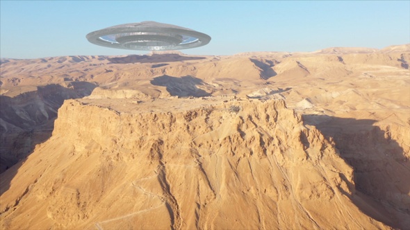 Alien Ufo Saucer over Ancient City in the desert- Aerial alt
