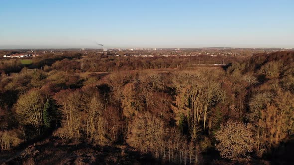 City Viewed Over Winter Trees Coventry Aerial Slow Rise.