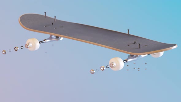 Skateboard assembly process. Elements of the board combining in order. Render 4k alt