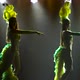 Silhouettes of Two Beautiful Slim Girls Are Dancing in Blue Green Carnival Costumes. Dancers in