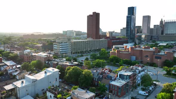 Downtown residential housing in Baltimore. Camden Yards in distance. Aerial view. alt