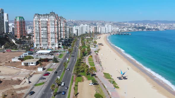 Beach Pacific ocean coast, Avenue, Street (Vina del Mar, Chile) aerial view alt