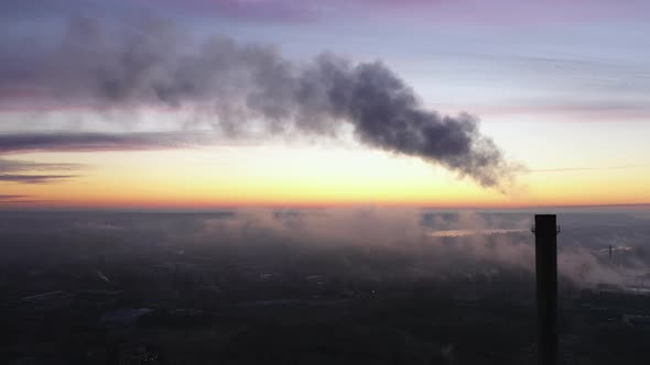 Power Plant Smokestack at Sunrise, Environmental Pollution