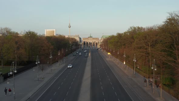 AERIAL: Flight Towards Empty Brandenburger Tor in Berlin, Germany Due To Coronavirus COVID 19 alt