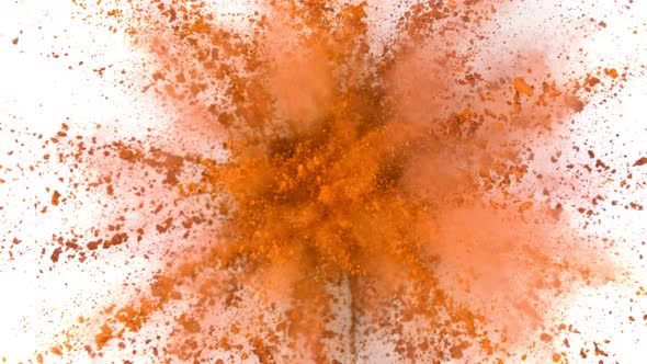 Super Slow Motion Shot of Orange Powder Explosion Isolated on White Background at 1000Fps alt