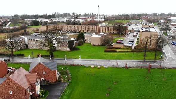 Aerial - A residential of Shrewsbury, a cold day with a view above the houses from the sky in a smal alt