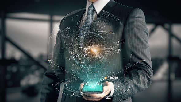 Businessman with The Metaverse Is Here Hologram Concept alt