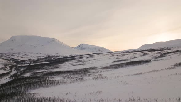 Snowy Northern Norway Valley Landscape At Sunset In Winter, Aerial alt