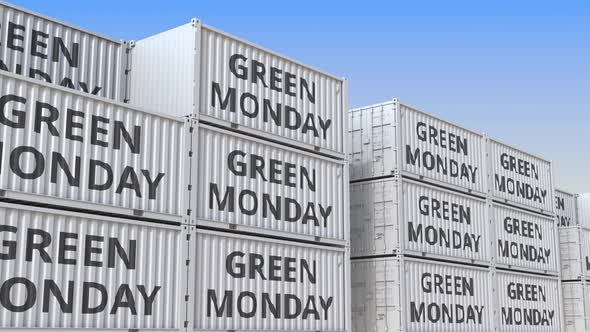 Containers with GREEN MONDAY Text alt