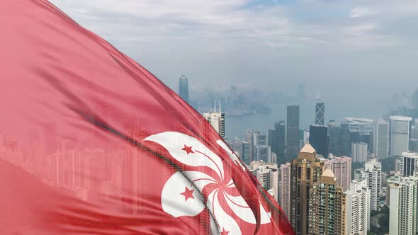 Hong Kong National Flag Waving Over a Panoramic View of Hong Kong Skyline