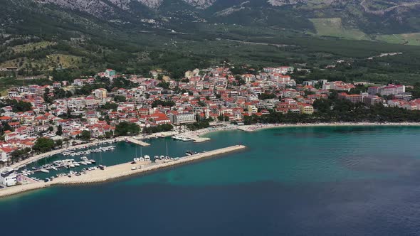 Makarska riviera, Croatia. Aerial view on the town and sea. alt