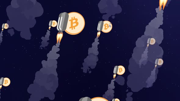 Bitcoin coins with jetpacks rush to the moon (cryptocurrency bull market concept) alt