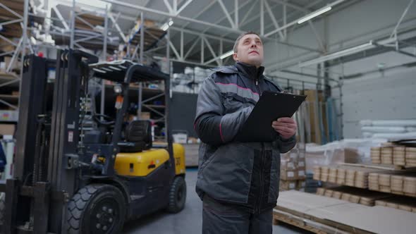 Concentrated Professional Warehouse Worker Filling in Bill of Lading Standing in Industrial Storage alt