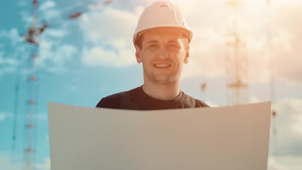 A Man in a Helmet Is Holding a Construction Plan in His Hands and Smiling. A Builder Is Checking alt
