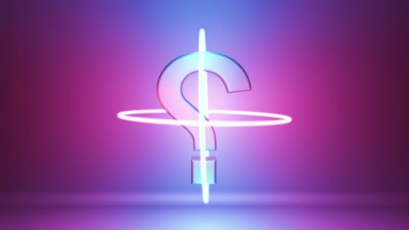 The question mark is illuminated by futuristic neon beams. alt