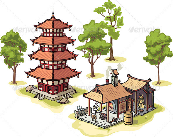 Japanese Pagoda and Medieval Blacksmith - Buildings Objects