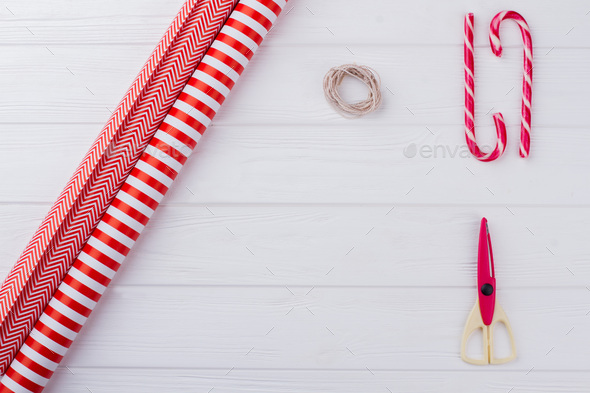 Gifts, Scissors & Wrapping Paper on White Background, Stock Image